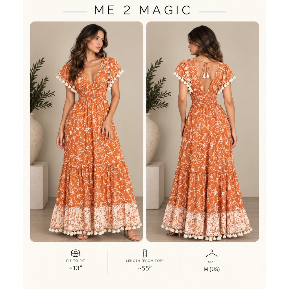 Me 2 Magic Orange Floral Tassel Maxi Dress Medium Boho Smocked V-Neck Gold Lurex